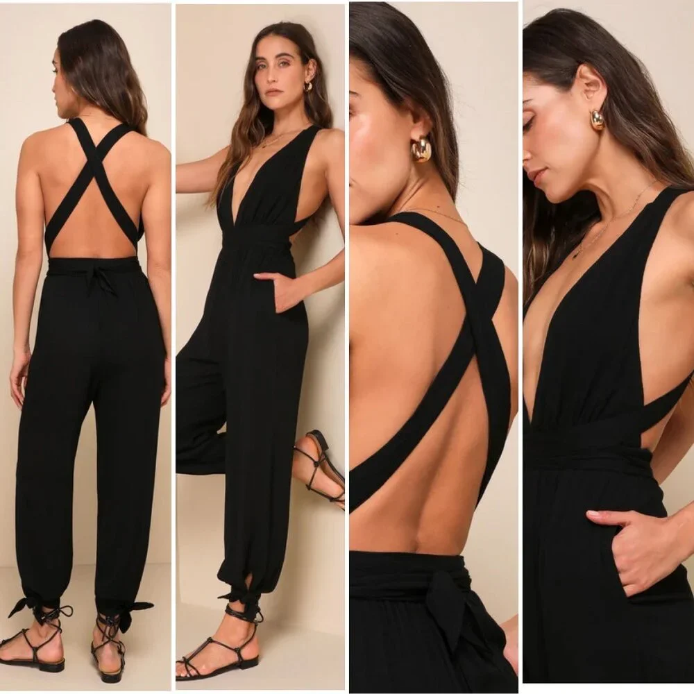 NWT Lulus Lolinda Black Convertible Halter Jumpsuit Sz S - Picture 2 of 13